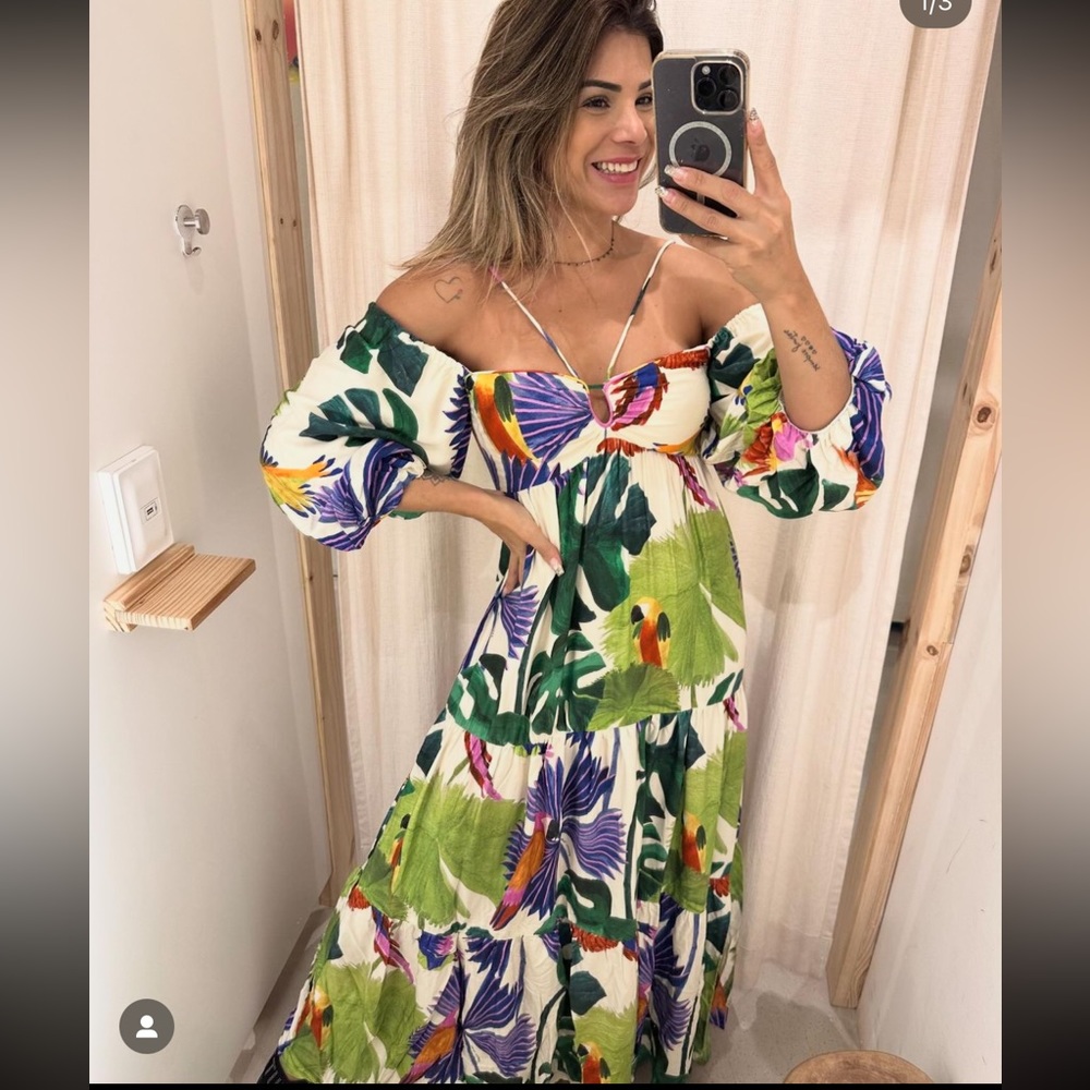 FARM Rio Tropical Parrot Print Maxi Dress in Green, Purple, White - Picture 3 of 11